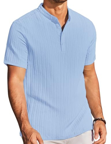 COOFANDY Hommes Henley Chemise à Manches Courtes été Plage Chemise Décontractée Bleu Clair XL