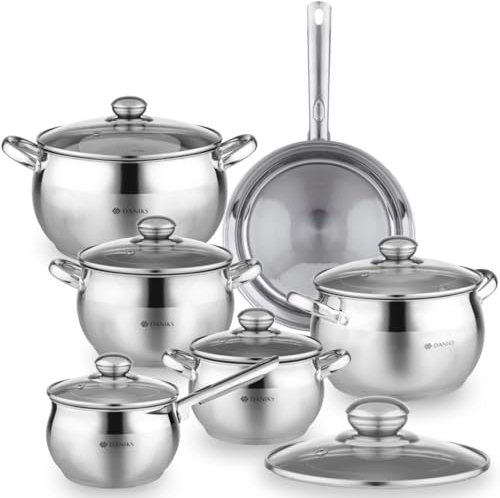 Daniks Classic 12-teiliges Edelstahl Topfset Induktion, Kochtopf Set mit Glasdeckeln, 16/18/20/24 cm, Stielkasserolle, Bratpfanne 24 cm, Nudeltopf, Suppentopf, Pastatopf, Silber