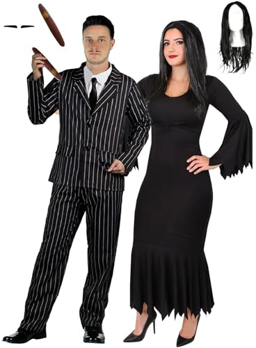 Adults Halloween Couples Costume - XL + S - Pinstripe Suit Jacket & Trousers, Spiv Tash and Cigar, Ragged Black Dress and Long Black Wig - Adults Deluxe Couples Halloween Fancy Dress Costume