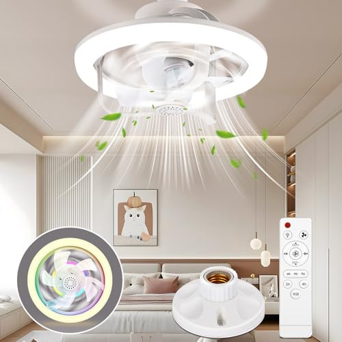 YOOHBERRYS Ventilador de Techo con Luz, RGB Lampara Ventilador Techo Silencioso, Ventiladores de Techo con Luz e27, Ceiling Fan with light con 16 Colores, 3 Velocidades,Timable(28cm*18cm)