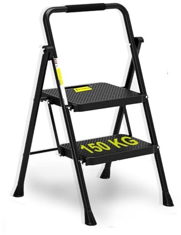 HYTAMA Scala Sgabello Pieghevole con Ampio Pedale Antiscivolo, Scala in Acciaio Robusta, Impugnatura Comoda, Leggera, Sgabello Portatile in Acciaio,Certificata EN14183 (NERO, 2 Gradini)