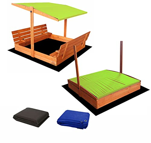 Sandkasten für Kinder, aus geschlossenem Holz, 140 x 140 cm, mit Sandkastenbänken mit Deckel, imprägniertes Kiefernholz, Sandkasten mit tiefliegendem Dach – 1 Schutzplane, 1 Isolierplane, grün