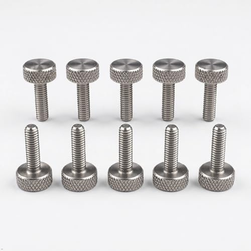 PrecisionGeek Tornillo moleteado de acero inoxidable M4, cabeza plana, 15 mm de longitud, AISI 303, juego de 10 unidades