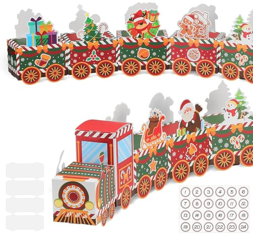 24PCS Christmas Advent Calendar Boxes,Train - Shaped Xmas Countdown Calendar Gift Boxes with Number Stickers and Connecting Clips,Candy Box DIY Gift for Kids Festive Home Decor