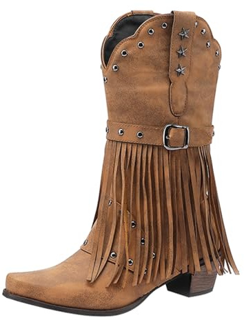 Botas de mujer con flecos occidentales con tacón, botines para mujer, tacón de bloque de media altura, botas de vaquero, monocolor, botas de equitación, estilo vintage, botas de vaquero, elegantes, de