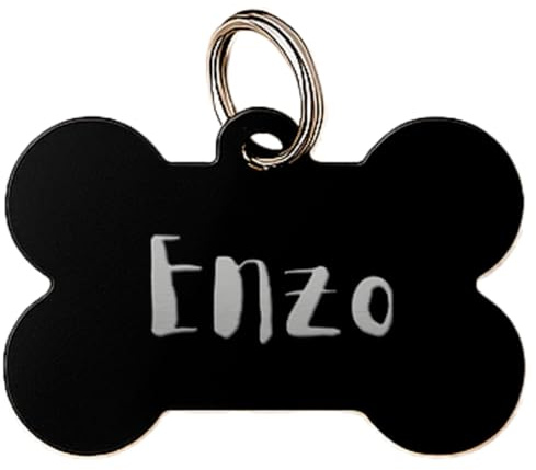 DEREGALOOS Chapa Identificativa Mascotas Personalizada Grabada 2 Caras. Forma de Hueso. Placa para Perros Gatos. Aluminio Ligero. Ideal para Collar o Arnés. No Incluye Anilla (Negro, M)
