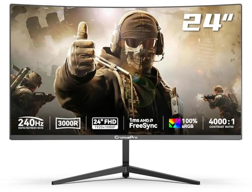CronusPro 24 Inch 240Hz Curved Gaming Monitor, FHD 1920 x 1080, 1ms MPRT, 3000R, VA Panel, 16:9, AMD FreeSync, HDMI/DisplayPort, VESA, sRGB 100%, HDR, Eye Care, PC Monitor for Gaming Office Black