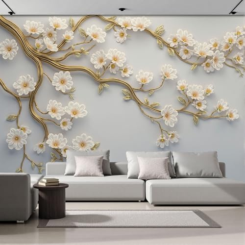 Papel Tapiz Fotográfico 3D Metal Flores Ramas Mural Platino Relieve Vegetal 3D Fotomurales Para Habitación Infantil Salon Dormitorio Oficina Murales Decorativos Pared 200X140Cm