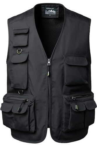 KTWOLEN Gilet de Pêche Homme Multi Poches Photographe Gilet de Chasse Reporter Veste d'été Sans Manche Travail, Noir, M