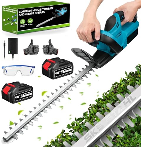 Tagliasiepi a Batteria, 21V Tagliasiepi Elettrico con Batteria 6,0 Ah, 1000W Motore Senza Spazzole, Lama da 52 cm, Diametro di Taglio Fino a 1,5 cm, per Giardino Siepi (con 2 Batteria)