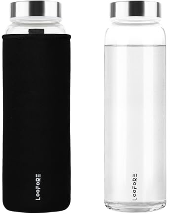 LOOFORE Glasflaska 1 liter 1 l, vattenflaska glas 1 000 ml med neoprenfodral
