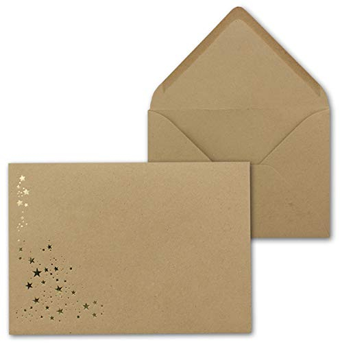 50x Weihnachts-Briefumschläge -DIN B6 - mit Gold-Metallic geprägtem Sternenregen -Farbe: Sandbraun Kraftpapier, Nassklebung, 120 g/m² - 175 x 125 mm - Marke: GUSTAV NEUSER
