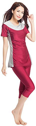 Muslimska badkläder baddräkt heltäckt blygsamma badkläder mode muslimska badkläder burkini kortärmade toppar och byxor i 2 delar mode badkläder set(Red, S)
