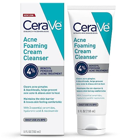 CeraVe Acne Foaming Cream Cleanser, 4% Benzoyl Peroxide Face Wash With Hyaluronic Acid, Niacinamide & Ceramides, Gentle Daily Acne Treatment For Face