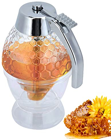 Agatige No Drip Honey Dispenser, Glass Honey Jar Honey Pot with Stand Maple Syrup Honey Container for Syrup, Sugar, Sauces, Condiments