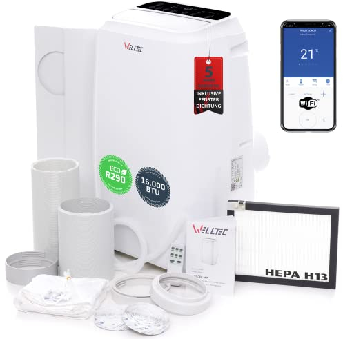 Welltec ACN16 Mobile Klimaanlage | 5in1 Klimagerät: Kühlung, Heizung, Entfeuchtung, Belüftung, Luftreinigung | 16.000 BTU | max. 90 m² | WiFi | reichhaltiges Zubehörset | 5 Jahre Garantie