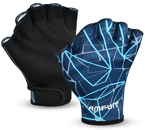 AMFUN Aquatic Gloves, Webbed Swimming Gloves, Water Training Paddle with Adjustable Wrist Strap, Adult Aquatic Fitnesster Water Resistance Training Accerssories for Diving Surfing Hand Men Women (M)