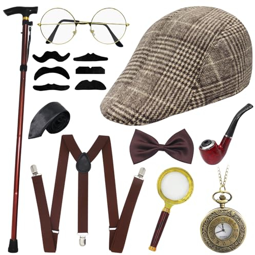 1920s Jahre Herren Accessoires, 20er Jahre Kostüm Herren Accessoires, Herren Accessoires Mafia Gatsby Kostüm Set, Faltbarer Krücken Metall, Panama Hut Elastisch Hosenträger Schnurrbart (Braun)