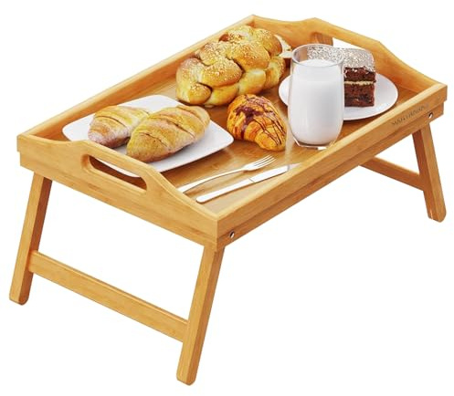 Mantraraj Bamboo Bed Tray Table with Foldable Legs And Handles Breakfast Tray for Sofa, Bed, Eating, Platters, Working, Serving, Drawing, Laptop Stand, Wooden Snack Laptop Tray - 60.5W x 30L x 23Hcm