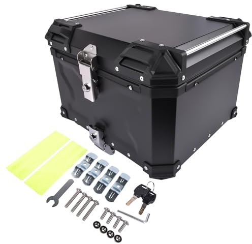 Bisenya 55L Baúl de Aluminio Impermeable para Moto, Maleta para Almacenamiento de Casco, Caja con Cerradura de Seguridad, Caja Superior de Motocicleta (Negro)