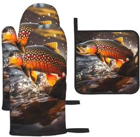 YYHWHJDE Kitchen Baking Set of 3 - Insulated Gloves and Pot Lid Pad for Oven and Grilling Brook Trout Fly Fishing Picture