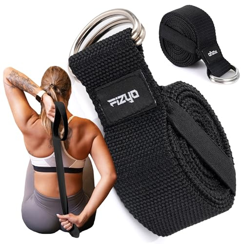 Fizyo Cinturón de algodón para yoga, pilates, fitness, ajustable con hebilla de metal D, 100% algodón, largo 240 cm, ideal para estirar y mantener la posición, principiante y avanzado (Negro)