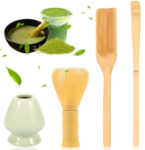 4Pcs Matcha Whisk Set Ceramic Handmade Matcha Making Kit Set Ceremony Accessory with Green Tea Whisk Holder Scoop Spoon for Tea Ceremony Drinking