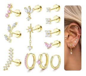 MILACOLATO 12 Piezas Pendientes Piercing Oreja Oro Plata para Mujer Acero Inoxidable Quirúrgico Pendiente de Aro Set Piercing Orejas Helix Cartílago Concha Tragus JoyeríaFGP