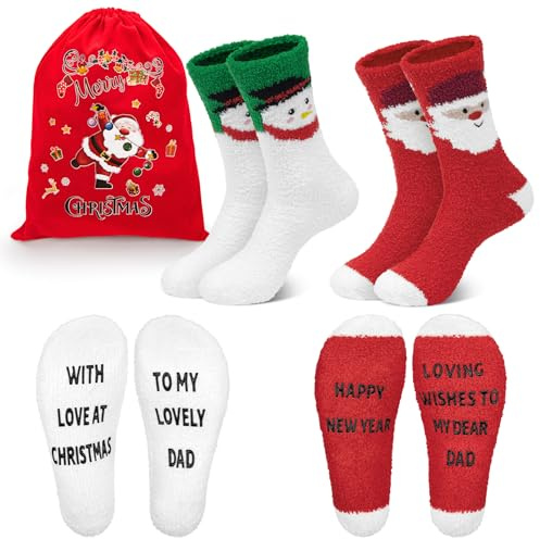Softcozy 2 par fluffiga julstrumpor nyhet sängstrumpor varma termiska toffel sovstrumpor med halkskydd julklappar för familj, en storlek, Julpappa, one size