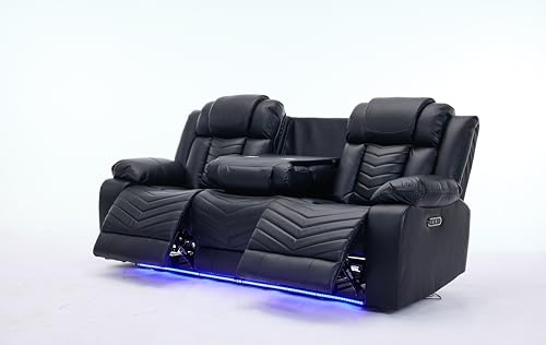 Cinema Zeus Leather Electric Recliners Sofa With Cupholders - 3+2 Seater Sofa/Bluetooth Speakers/LED Lights/USB Charging Ports/Storage (Black, 3 Seater Leather Sofa)