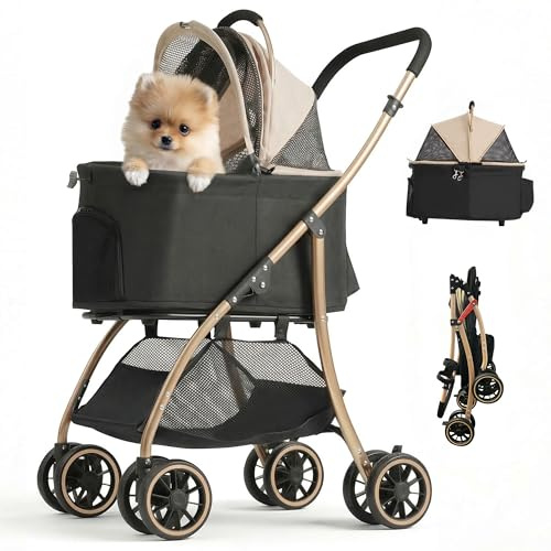 MILA&LOUIS Pet Stroller, 22 Pet Cradle for Small Dog, Dog Stroller with 4 Pu Wheels, 10Lbs Ultra-Light Dog&Cat Stroller for Small Pets, Max 35Lbs Capacity Detachable & Foldable Design with Cup Holder