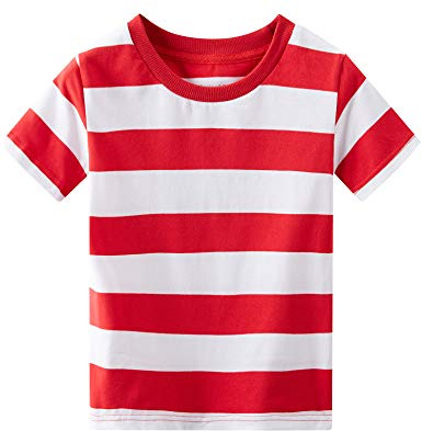 Spring&Gege Camiseta de manga corta para niños con cuello redondo a rayas de algodón, Rot&weiß, 9-10 Años