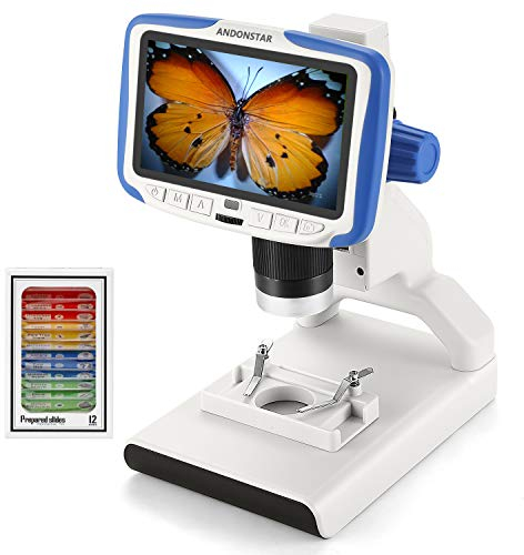 Andonstar AD205 USB-LCD-Münz-Digitalmikroskop für Kinder 200-fache Vergrößerung Zoom 5-Zoll-Bildschirmlabor-Handkamera mit Beispieldias