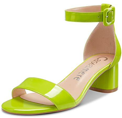 Castamere Women's Ankle-Strap Peep-Toe Sandals Block Heels Court Shoes 2IN Heel Green Bright Patent Pumps UK 4