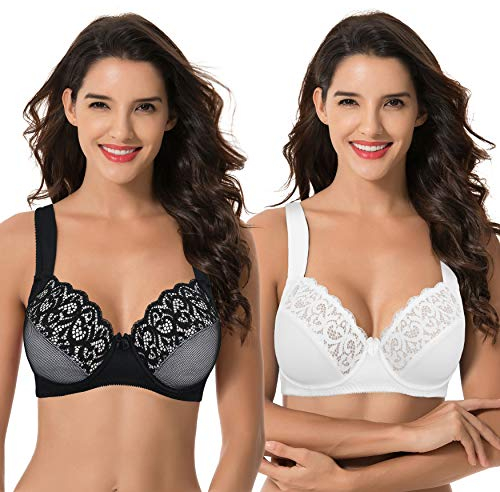 Curve Muse Reggiseno in Pizzo con Ferretto Sfoderato Taglie Forti con Spallacci Imbottiti-Confezione da 2-Nero,Bianca-4D-V2