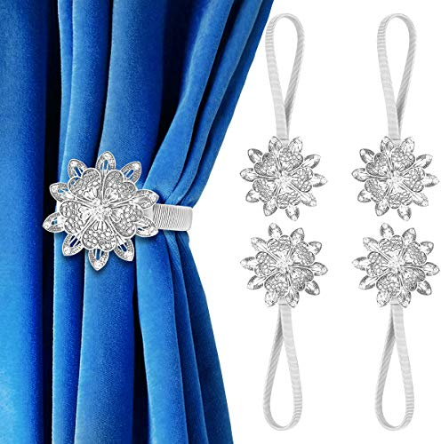 AULEEP Magnetische Raffhalter, 4 Stück magnetische dekorative Vorhänge Vorhangclips Schnalle, Blume Vorhang Raffhalter, im europäischen und amerikanischen Stil (Silber)