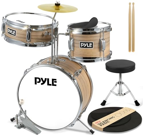 Pyle Kinder Schlagzeug Set – 5-teiliges Drum Kit mit Hocker & Basspedal | Für Kinder 3–12 Jahre, inkl. Bass Drum, Snare Drum, Drumsticks, Dämpfer & Zubehör – Einsteiger Percussion Set