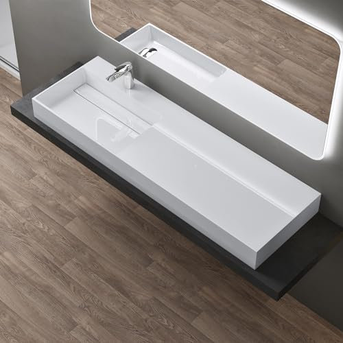 doporro Waschbecken Waschtisch 150x48x13 cm mit verstecktem Ablauf in weiß aus Mineralguss als Aufsatzwaschbecken und Hängewaschbecken geeignet Colossum12-L