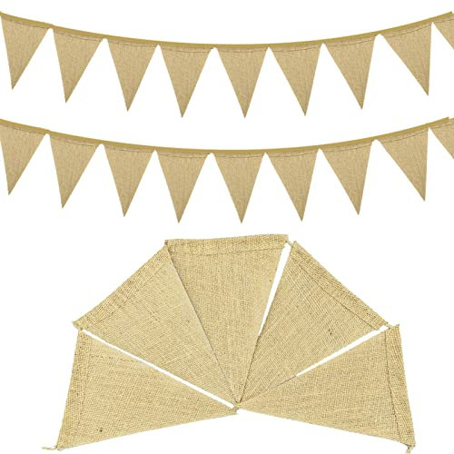 Banderole en toile de jute de 3,7 m, 13 fanions rustiques en lin - Guirlande en toile de jute naturelle - Décoration de fête de mariage (3,7 m)