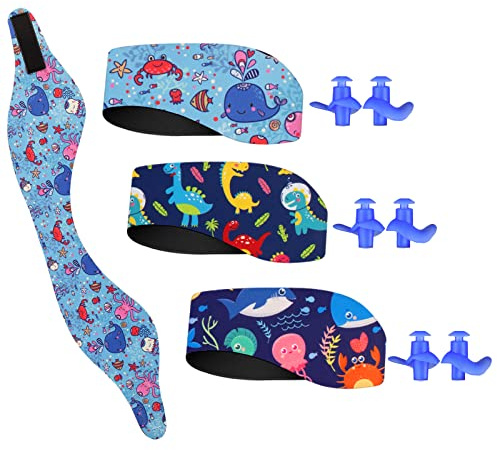 Indrnif - Bandeau de Natation Enfant, Réglable, Protection Oreilles, 3 Paires Bouchons, Bleu, Natation, Surf, Ski, Bateau