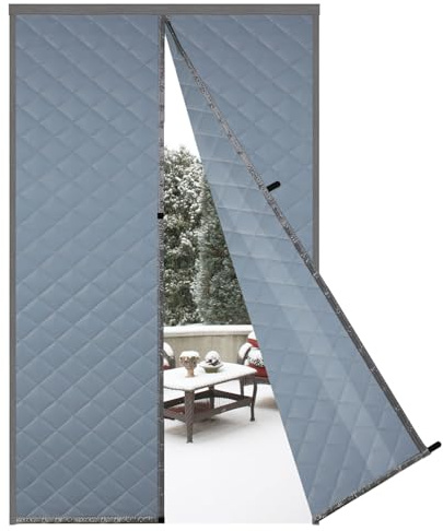 Risareyi Magnétique Rideau de Porte 140x220cm, Gris Rideau Thermique Isolant Anti Froid, Coton Couverture pour porte d'entrée en Hiver, Sans Perçage, Fermeture Automatique