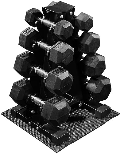 Fitvids 100LB Rubber Coated Hex Dumbbell Weight Set and Storage Rack – 5-20 lbs Pairs – 100LB Set with A-Rack – Black