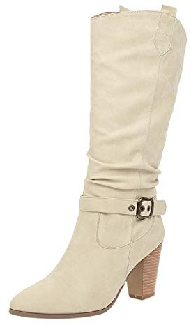 LOIJMK Botas de cuero para mujer con hebilla hasta la rodilla, botines de tacón bajo para mujer, zapatos de verano para mujer
