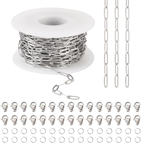 PandaHall 304 Edelstahl-Büroklammerketten, Rollenketten, Großpackung mit 30 Karabinerverschlüssen, 60 Biegeringe für Schmuckherstellung, 10 m
