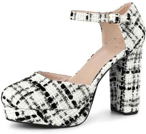 Allegra K Escarpins Mary Janes à plateforme à carreaux avec bride à la cheville et talon épais pour femme Noir blanc 40