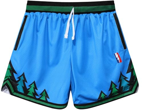 ZACAGO Mens Retro Basketball Shorts Cool Lightweight Mesh Gym Shorts Graphic Sports Athletic Drawstring Short with Zipper Pocket (Forest Blue M)