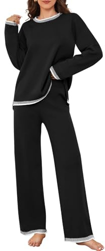 TOMEEK Conjunto Punto Mujer Dos Piezas Casual Chandal Completo Mangas Largas Tejido y Pantalones Suelto Cómodo Moda Conjunto De Pijama Salón Deportivo Color Sólido(Negro,XXL)