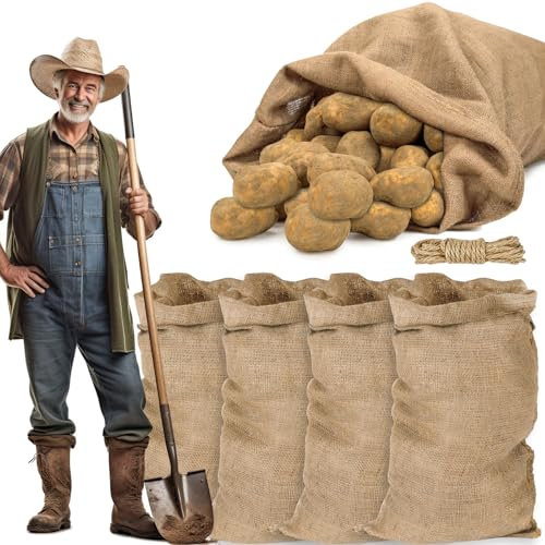 Vleuexe Lot 5 Sacs Toile de Jute,Sac pomme de terre,50kg Sac en Jute,Sac de toile de Jute Premium Sac toile de jute, sac pour plante,sac de jardin,Comprend 5 cordes de chanvre à sceller(105x60 cm)