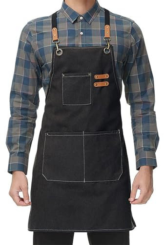 CBBEONRN Delantal De Barbacoa con Correa Cruzada Ajustable Delantales De Cocina con Bolsillos Delantale para Mujeres Hombres para Jardinería Restaurante Barbacoa Hornear Black,One Size