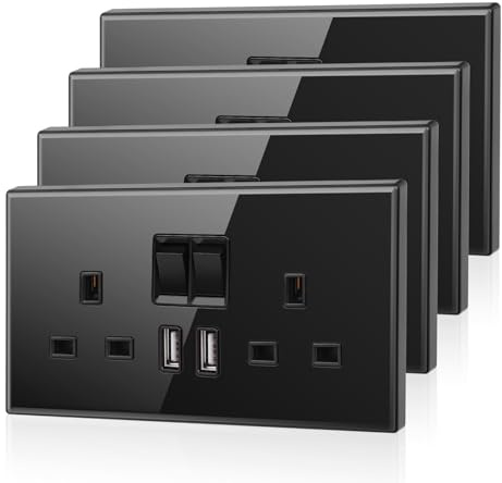4 Pack CNBINGO Glass Double Switched Power Socket with 2 USB-A Charging Ports (2.1A Output), Electric Power Sockets 2 Gang 13 Amp, Black Double Wall Outlet with Tempered Glass Panel